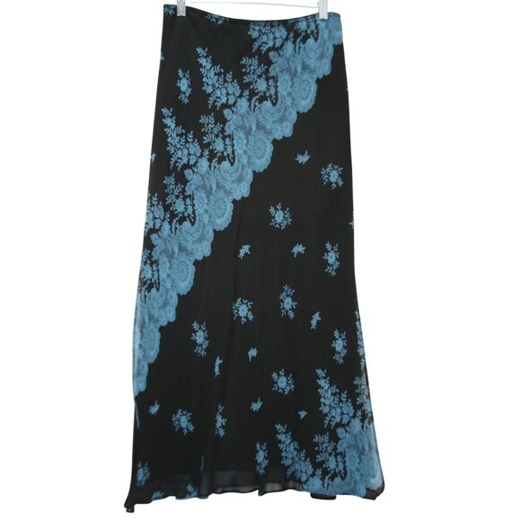 Express Y2K 100% Silk Maxi Skirt Womens M Black Floral Lace Print Fairy Grunge - Picture 1 of 6